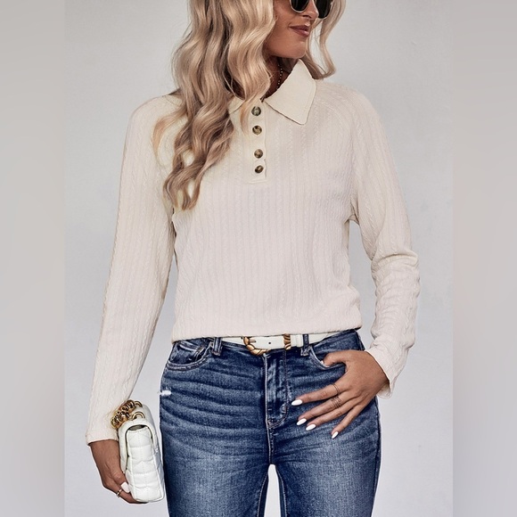 Perfee Collared Neck Buttoned Long Sleeve Top - Picture 1 of 4